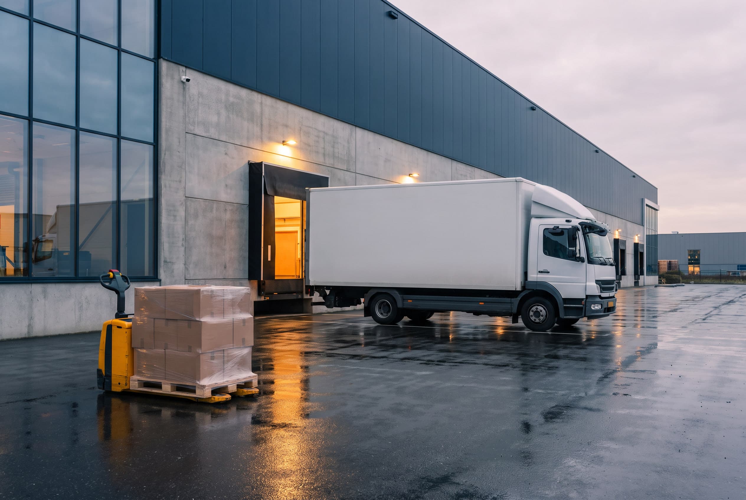 Laadperron in de vroege ochtend: een witte vrachtwagen aan de dock en een pallet ingepakte dozen op een palletwagen.